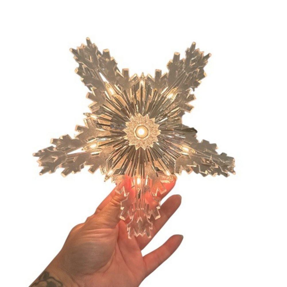 Vintage Silver Tinsel Snowflake Star Tree Topper 8" Christmas Retro Holiday